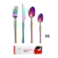 Rainbow stainless steel cutlery set detail view showing knife fork and spoons with box. - 24 Pieces Set / Colorful