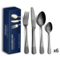 Stainless steel cutlery set detail view, black embossed fork knife spoon design, elegant tableware. - Black
