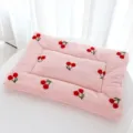 Pink cherry embroidery plush pet mat, soft cloud fleece square cat and dog bed. - Square Cushions / S: Recommended for Under 1.5 kg / Pink