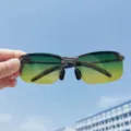Herren photochrome polarisierte Sonnenbrille, Farbverlaufsgläser für Tag und Nacht Fahrt, UV-Schutz. - Gunmetal-Rahmen Gelb-Grün Tag- & Nachtbrille