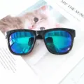 Women stylish black sunglasses with blue reflective lenses, trendy fashion summer eyewear gift. - Bright Black Green Mercury