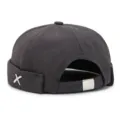 Dark grey docker cap, brimless sailor hat with metal X accent and adjustable strap. - Gray