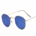 Classic round metal sunglasses with gold frame and blue reflective lenses for men and women fashion. - Gold Frame Blue Mirror