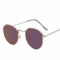 Classic metal round sunglasses with colorful reflective purple lenses, retro fashion eyewear. - Gold Frame Purple Mirror