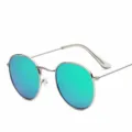 Round metal sunglasses with vibrant green mirror lenses, stylish silver frame variant. - Silver Frame Green Lenses