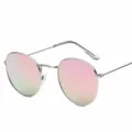 Metal round frame pink gradient sunglasses, trendy reflective eyewear for daily wear. - Silver Frame Barbie Pink Mirror