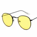 Classic vintage metal round frame sunglasses with yellow lenses for daily fashion wear. - Black Frame Yellow Lens