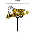 Halloween acrylic cake topper detail showing black and gold ghost and bat design with size. - Double Layer Black Gold (2647) / 11cm