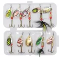Fishing lure set metal spinner spoon baits with treble hooks in transparent storage box. - Set