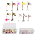 Fishing lure set with metal spinner baits, feathered treble hooks and clear storage box. - Set Style E