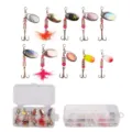 Fishing spinner bait set with metal spoon lures, colorful feathers and clear storage box. - Set Style F