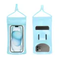 Waterproof phone pouch light blue TPU transparent touchscreen mobile bag with lanyard. - Aqua