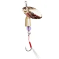 Micro spinner bait metal fishing lure with gold scale blade and feathered single hook - Gold Jig Hooks