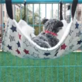 Detailed view of hanging pet hammock with star pattern and plush inner lining for cats dogs. - Five Stars - Cotton Linen