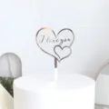 Silver reflective double heart acrylic cake topper with I love you text for romantic party decor. - I Love You / Silver