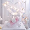 Valentine Day cake topper set with glowing cloud heart, rhinestone LOVE letters and cute bow. - Cotton Heart