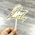 Décoration de gâteau Happy Birthday en acrylique double couche avec écriture dorée. - Platine