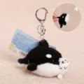 Llavero de felpa de orca lindo con pez pequeño extraíble, adorable colgante de peluche suave para bolso. - Negro