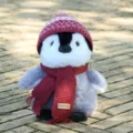Cute penguin plush toy with knitted winter hat and red scarf, soft and cuddly gift for kids. - 18cm / Red