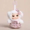 Cute plush vinyl doll keychain with fluffy white hood and pink tweed dress pendant charm. - Dress Vinyl Doll / 15cm (75g) / White