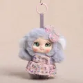 Cute grey plush doll keychain with pink tweed dress, fluffy toy bag pendant ornament - Dress Vinyl Doll / 15cm (75g) / Gray