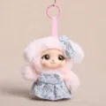 Cute plush doll keychain with fluffy pink fur, tweed dress and metal ring for bag charm. - Dress Vinyl Doll / 15cm (75g) / Light Pink
