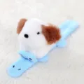Plush puppy slap bracelet toy with soft white dog doll and light blue band for kids gift. - Puppy Riding Dinosaur Slap Bracelet / Single Slap Bracelet