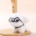 Süßer weißer flauschiger Hunde-Plüsch-Schlüsselanhänger mit Brille für Taschen Zubehör - Welpe mit Brille - 10 cm - Weiß