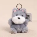 Grey plush animal keychain cute fluffy bag pendant with metal ring and warning hangtag. - Little Bean Schnauzer