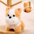 Leuke pluche puppy sleutelhanger met parelketting en trekfunctie om de staart te kwispelen. - Puppy met kwispelende staart en parelketting - bruin, ca. 13cm/65g