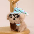 Schattige puppy pluche speelgoed sleutelhanger met bril en slaapmuts, zachte pop. - Welterusten puppy met bril - bruin, ca. 8cm/27g