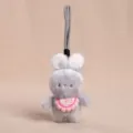 Cute grey plush rabbit keychain with pink knitted bib, fluffy bunny bag charm pendant accessory. - Gray