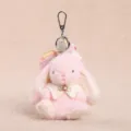 Cute pink plush rabbit keychain with elegant lace collar and metal clasp for school bag. - Shawl Style (11cm) / Pink