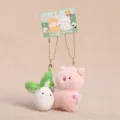 Magnetic matching pair plush keychain cute radish and bear bag charm cute gift couple accessory - Mini Animal - Pig with Cabbage - 8cm - White & Pink