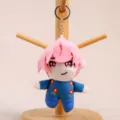 Cute anime character plush toy keychain with pink hair and blue floral outfit 1pc - Girl Group Doll with Pink Hair and Blue Outfit
