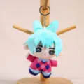Cute K-pop style plush doll keychain with blue hair and argyle sweater pendant accessory. - Girl Group Doll with Blue Hair and Pink Outfit