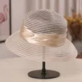 Chapeau de soleil élégant style français pour femme avec nœud de perles d'été. - M (56-58cm) / Blanc Cassé