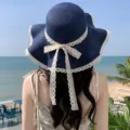 Chapeau de paille femme bleu marine bord large avec noeud en dentelle soleil plage - M (56-58cm) / Bleu marine