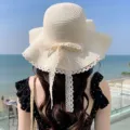 Chapeau de Paille d'Ete Femme Chapeau de Soleil de Plage avec Nœud en Dentelle Élégant, Beige - M (56-58cm) / Blanc