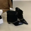 Botines mujer ante negro puntera puntiaguda tacón ancho con cadena y hebilla elegantes. - 35 / Negro