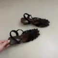 Black strap sandal detail showing brown suede insole and comfortable low block heel. - 35 / 5cm Chunky Heel / Black