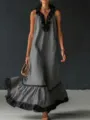 Élégante robe longue maxi grise sans manches col V avec superbes détails de volants noirs. - S / Gris foncé