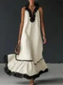 Summer sleeveless v-neck maxi dress with stylish black ruffles, casual elegant beach wear. - White
