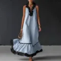 Sleeveless V-neck ruffles long tank dress for women, casual summer maxi dress fashion. - Light Blue