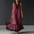 Robe longue maxi sans manches col V ample et decontractée à volants pour femmes été - S / Bordeaux
