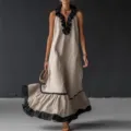 Robe longue sans manches col en V à volants décontractée ample robe d'été pour femme - S / Blanc Cassé