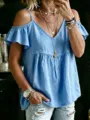 Casual women's cold shoulder ruffle sleeve V-neck blue blouse top for summer daily wear. - S / Blue