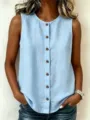 Light blue sleeveless button down top linen blend casual summer blouse for women basic solid color tank - S / Light Blue