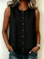 Women casual black sleeveless round neck button up vest top summer daily wear basic shirt - S / Black