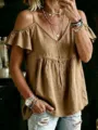 Casual loose linen cold shoulder ruffle V-neck top in brown, comfortable summer women shirt. - S / Khaki